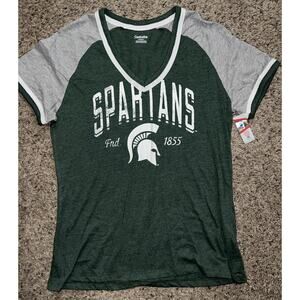 Women's Spartans Football V-Neck Short Sleeve T-Shirt, Green/Grey -‎ Medium